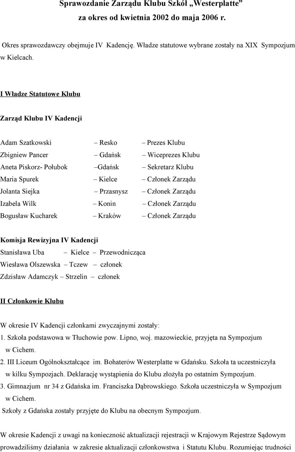 Zarządu Jolanta Siejka Przasnysz Członek Zarządu Izabela Wilk Konin Członek Zarządu Bogusław Kucharek Kraków Członek Zarządu Komisja Rewizyjna IV Kadencji Stanisława Uba Kielce Przewodnicząca