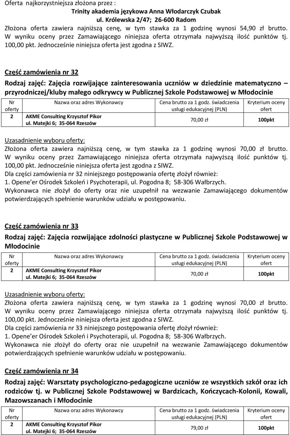 Uzasadnienie wyboru : Złożona a zawiera najniższą cenę, w tym stawka za 1 godzinę wynosi 70,00 zł brutto.