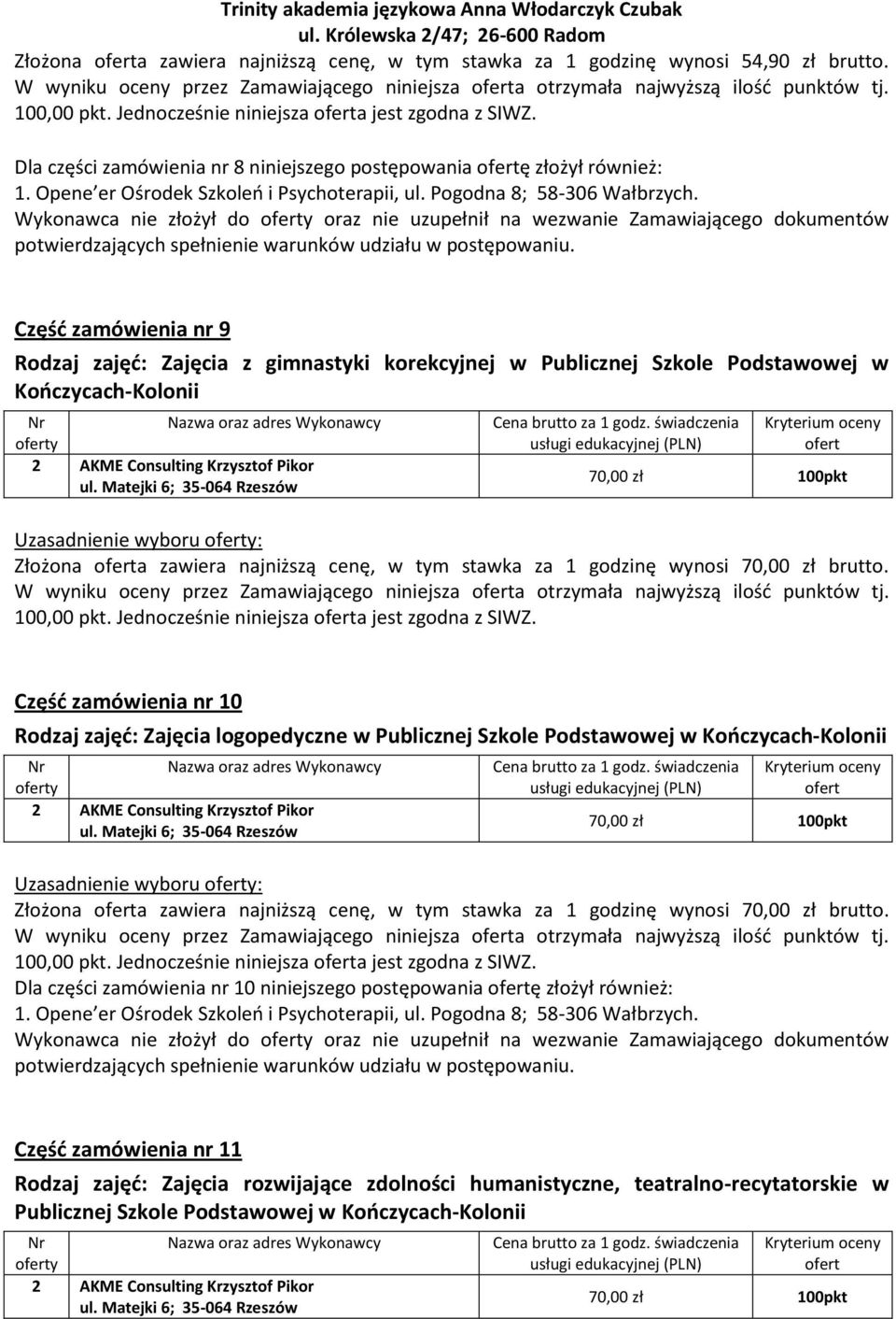 gimnastyki korekcyjnej w Publicznej Szkole Podstawowej w Kończycach-Kolonii Uzasadnienie wyboru : Złożona a zawiera najniższą cenę, w tym stawka za 1 godzinę wynosi 70,00 zł brutto.