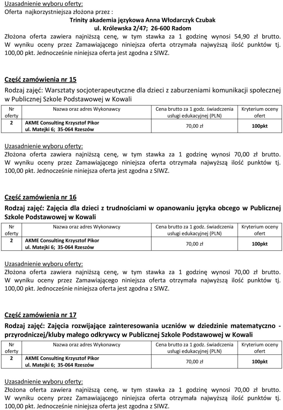 najniższą cenę, w tym stawka za 1 godzinę wynosi 70,00 zł brutto.