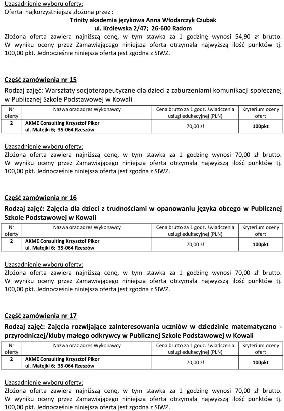 najniższą cenę, w tym stawka za 1 godzinę wynosi 70,00 zł brutto.