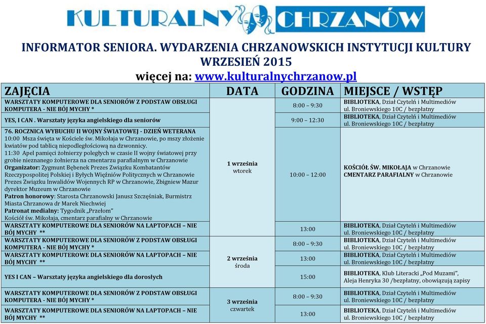11:30 Apel pamięci żołnierzy poległych w czasie II wojny światowej przy grobie nieznanego żołnierza na cmentarzu parafialnym w Chrzanowie Organizator: Zygmunt Bębenek Prezes Związku Kombatantów