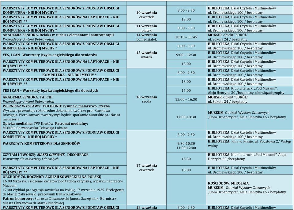 : Nasza menażeria Opieka medialna: TVP Kraków, Patronat medialny: MOKSiR Chrzanowska Telewizja Lokalna 16 września 17:00-18:30 WARSZTATY KOMPUTEROWE DLA SENIORÓW 9:30-10:30 11:00-12:00 CZYTAM I