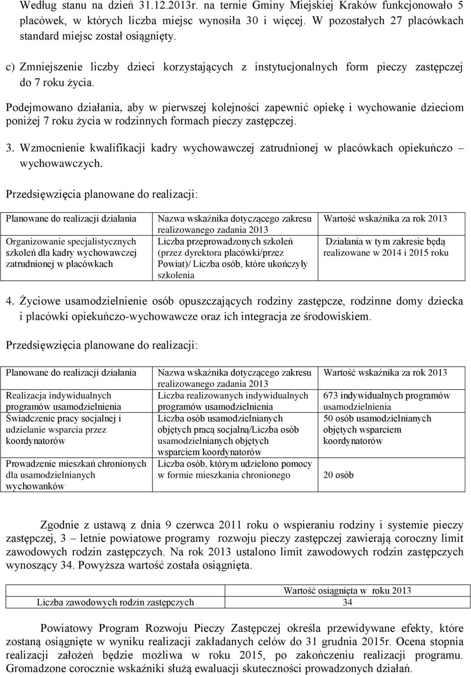 Podejmowano działania, aby w pierwszej kolejności zapewnić opiekę i wychowanie dzieciom poniżej 7 roku życia w rodzinnych formach pieczy zastępczej. 3.