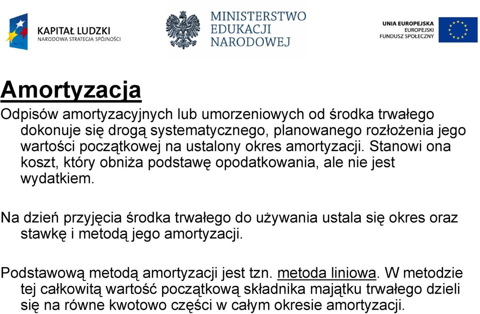 Na dzień przyjęcia środka trwałego do używania ustala się okres oraz stawkę i metodą jego amortyzacji.