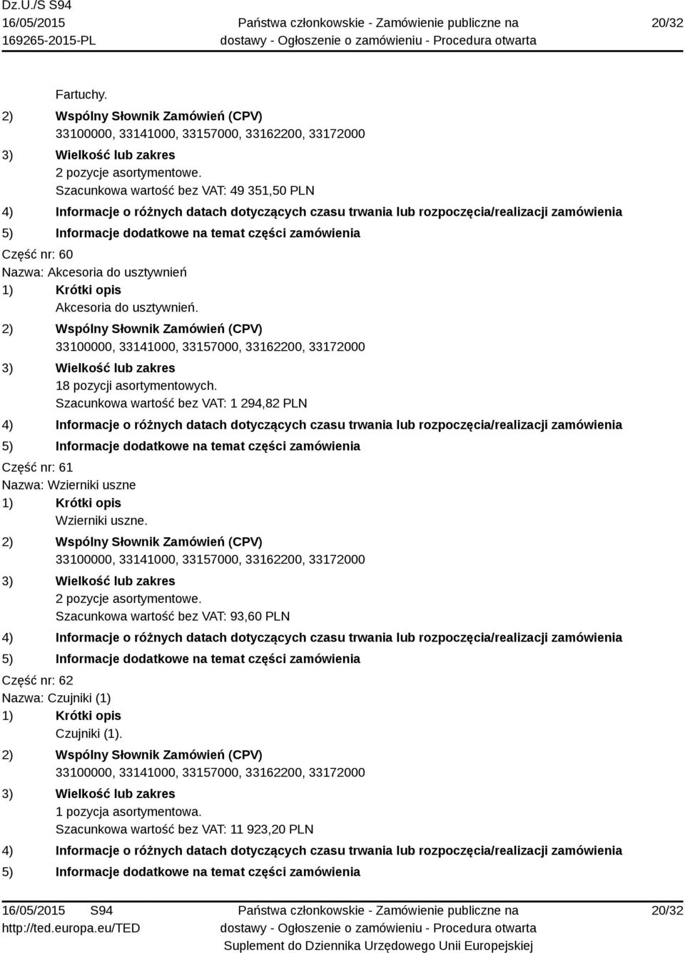 usztywnień. 18 pozycji asortymentowych.