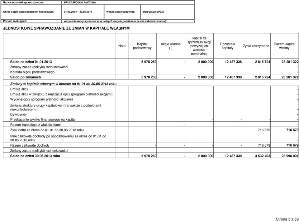 01.2013 5 978 260-2 000 000 12 487 338 2 815 724 23 281 322 Zmiany zasad (polityki) rachunkowości - Korekta błędu podstawowego - Saldo po zmianach 5 978 260-2 000 000 12 487 338 2 815 724 23 281 322