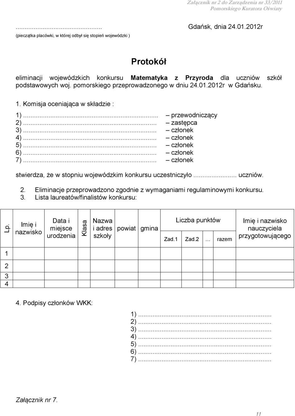 pomorskiego przeprowadzonego w dniu 24.01.2012r w Gdańsku. 1. Komisja oceniająca w składzie : 1)... przewodniczący 2)... zastępca 3)... członek 4)... członek 5)... członek 6)... członek 7).