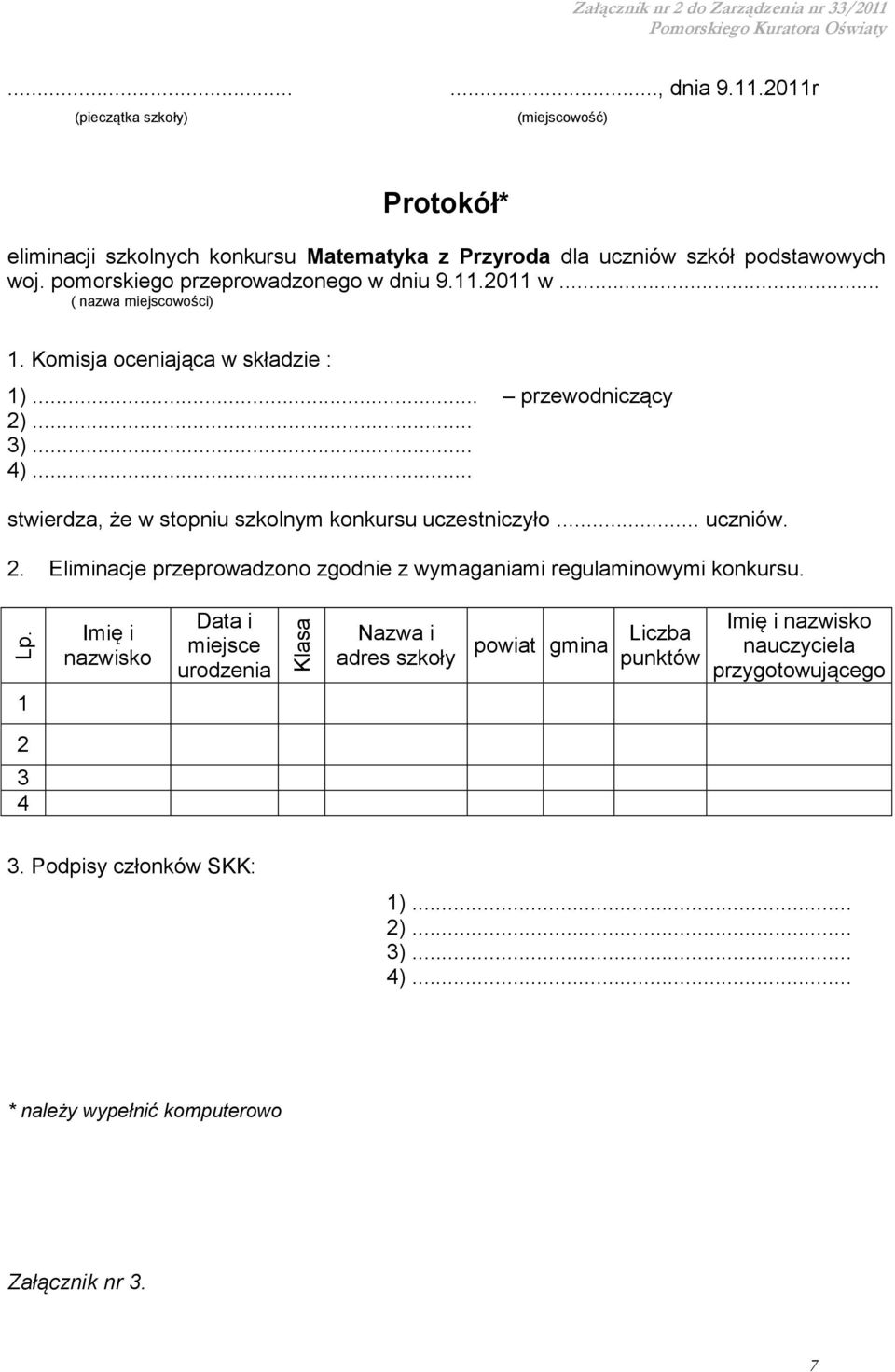 pomorskiego przeprowadzonego w dniu 9.11.2011 w... ( nazwa miejscowości) 1. Komisja oceniająca w składzie : 1)... przewodniczący 2)... 3)... 4).