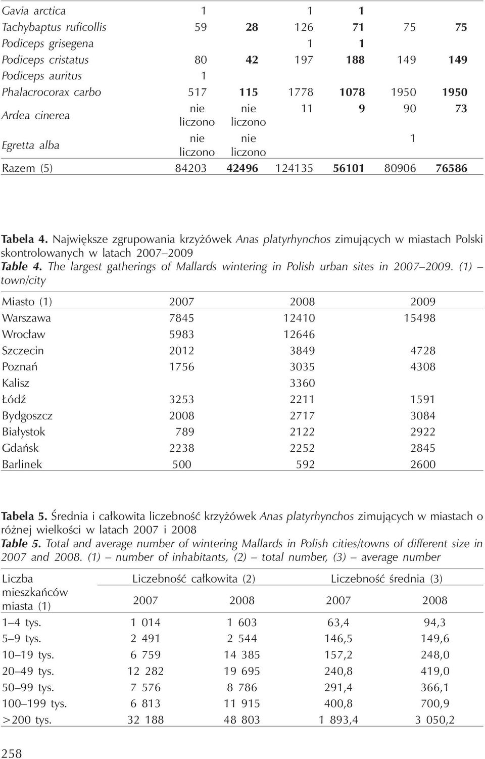 Największe zgrupowania krzyżówek Anas platyrhynchos zimujących w miastach Polski skontrolowanych w latach 2007 2009 Table 4.