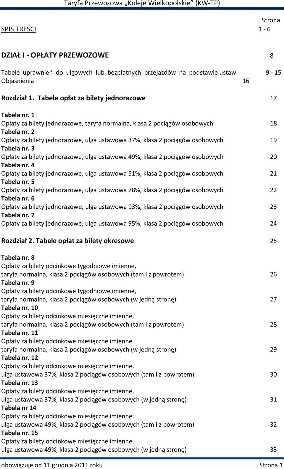 2 Opłaty za bilety jednorazowe, ulga ustawowa 37%, klasa 2 pociągów osobowych 19 Tabela nr. 3 Opłaty za bilety jednorazowe, ulga ustawowa 49%, klasa 2 pociągów osobowych 20 Tabela nr.