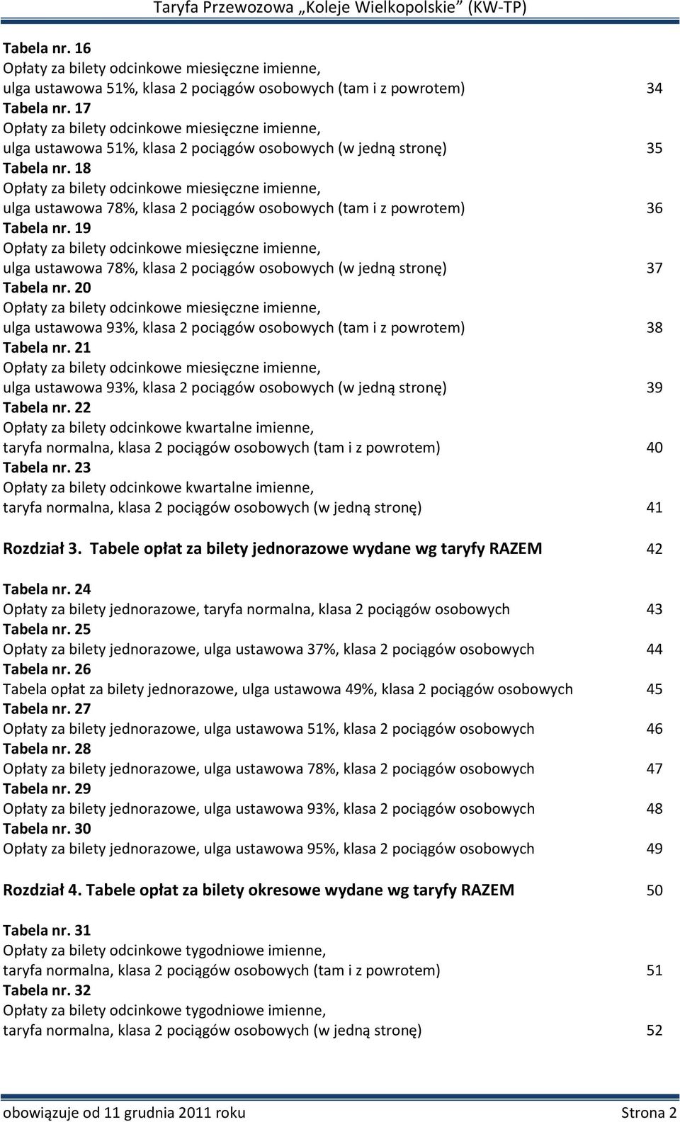 18 Opłaty za bilety odcinkowe miesięczne imienne, ulga ustawowa 78%, klasa 2 pociągów osobowych (tam i z powrotem) 36 Tabela nr.