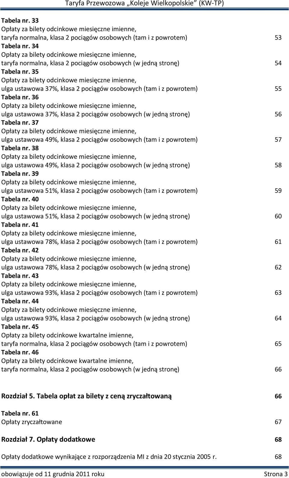 35 Opłaty za bilety odcinkowe miesięczne imienne, ulga ustawowa 37%, klasa 2 pociągów osobowych (tam i z powrotem) 55 Tabela nr.