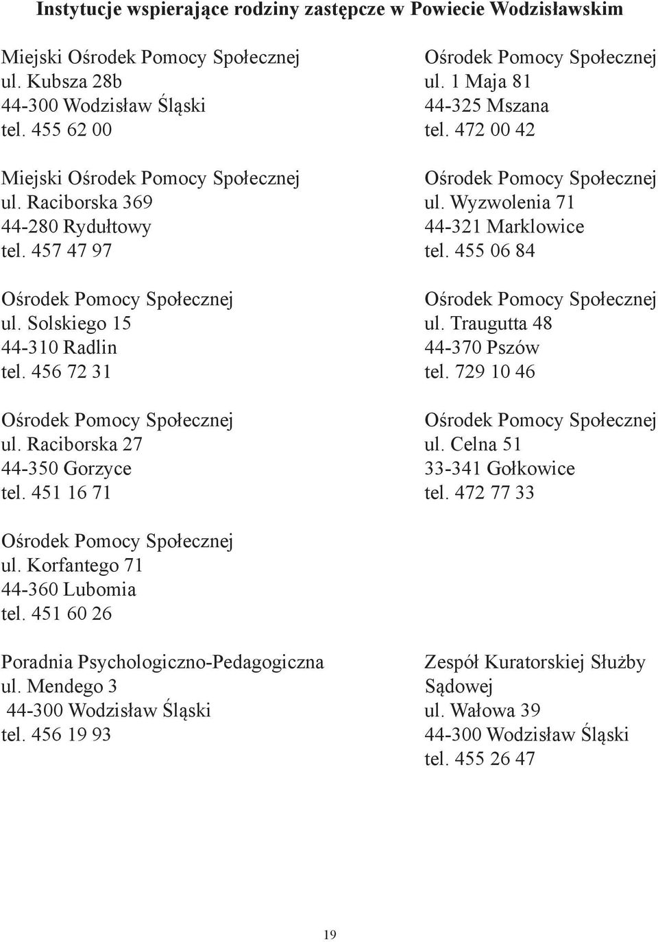 455 06 84 Ośrodek Pomocy Społecznej Ośrodek Pomocy Społecznej ul. Solskiego 15 ul. Traugutta 48 44-310 Radlin 44-370 Pszów tel. 456 72 31 tel.