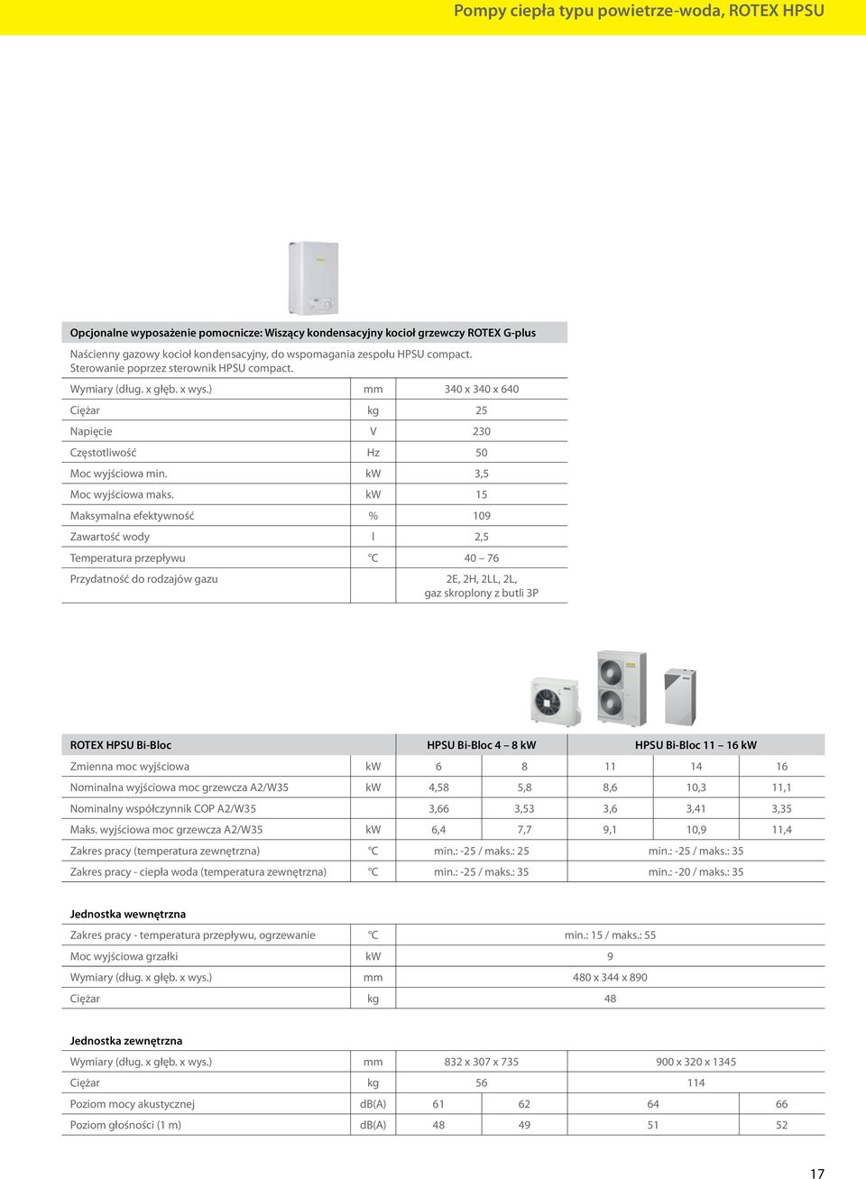 kw 15 Maksymalna efektywność % 109 Zawartość wody l 2,5 Temperatura przepływu C 40 76 Przydatność do rodzajów gazu 2E, 2H, 2LL, 2L, gaz skroplony z butli 3P ROTEX HPSU Bi-Bloc HPSU Bi-Bloc 4 8 kw