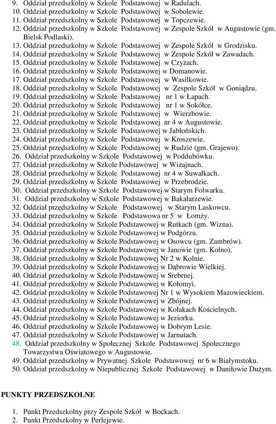 Oddział przedszkolny w Szkole Podstawowej w Zespole Szkół w Zawadach. 15. Oddział przedszkolny w Szkole Podstawowej w Czyżach. 16. Oddział przedszkolny w Szkole Podstawowej w Domanowie. 17.