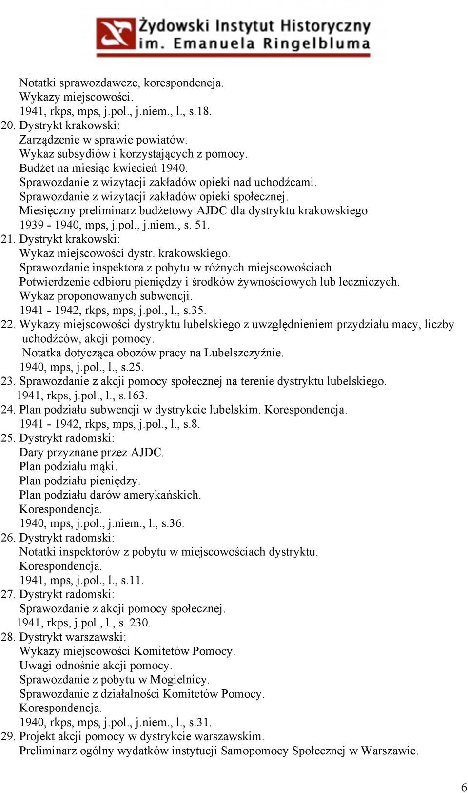 Miesięczny preliminarz budżetowy AJDC dla dystryktu krakowskiego 1939-1940, mps, j.pol., j.niem., s. 51. 21. Dystrykt krakowski: Wykaz miejscowości dystr. krakowskiego. Sprawozdanie inspektora z pobytu w różnych miejscowościach.