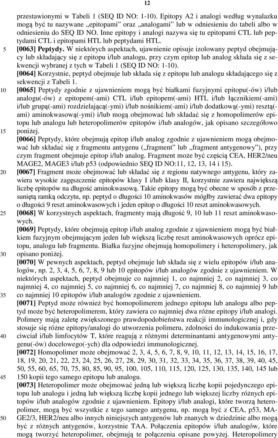 W niektórych aspektach, ujawnienie opisuje izolowany peptyd obejmujący lub składający się z epitopu i/lub analogu, przy czym epitop lub analog składa się z sekwencji wybranej z tych w Tabeli 1 (SEQ
