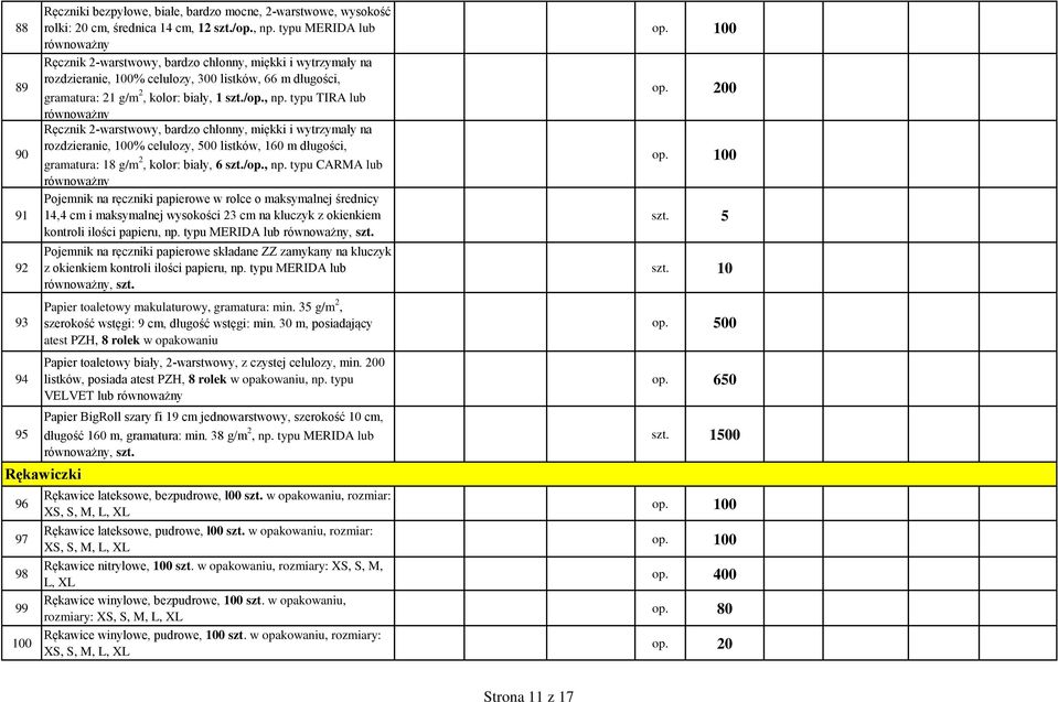 typu TIRA lub Ręcznik 2-warstwowy, bardzo chłonny, miękki i wytrzymały na rozdzieranie, 100% celulozy, 500 listków, 160 m długości, gramatura: 18 g/m 2, kolor: biały, 6 szt./op., np.