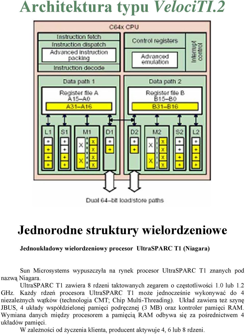 nazwą Niagara. UltraSPARC T1 zawiera 8 rdzeni taktowanych zegarem o częstotliwości 1.0 lub 1.2 GHz.