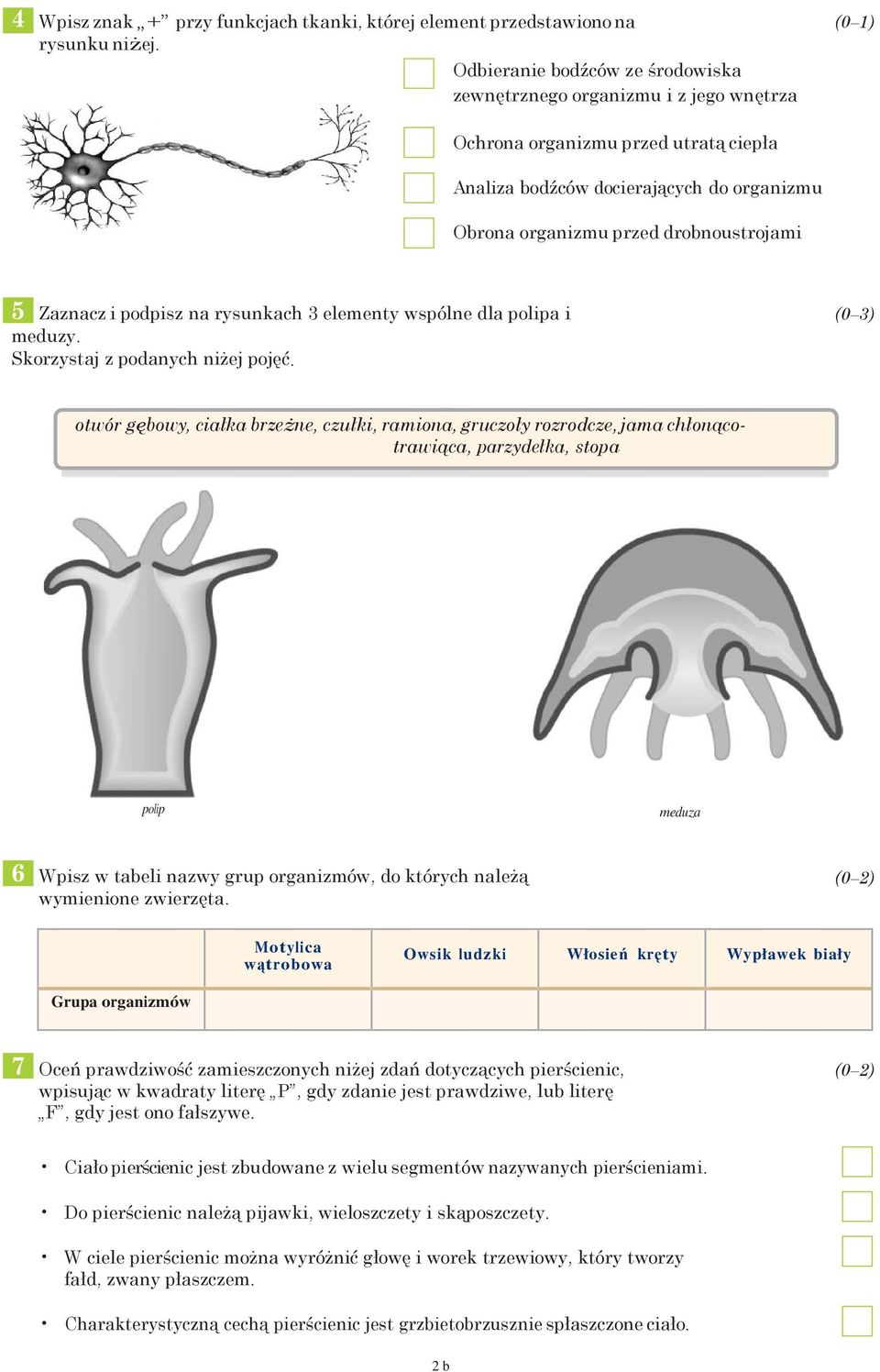 5 Zaznacz i podpisz na rysunkach 3 elementy wspólne dla polipa i meduzy. Skorzystaj z podanych niżej pojęć.