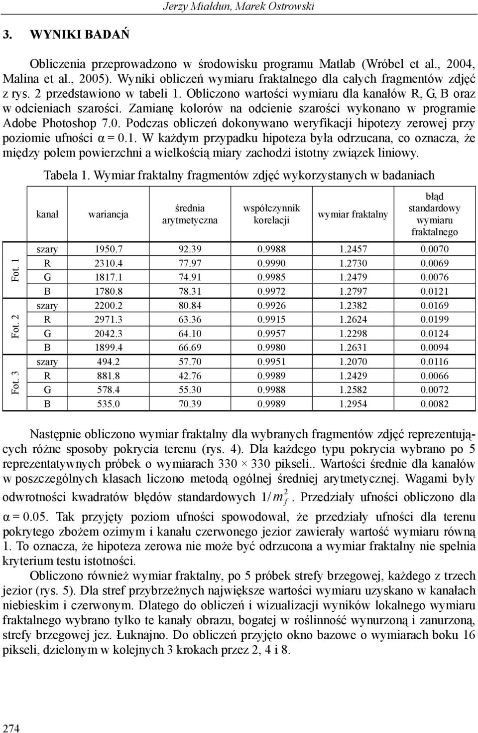 Zamianę kolorów na odcienie szarości wykonano w programie Adobe Photoshop 7.0. Podczas obliczeń dokonywano weryfikacji hipotezy zerowej przy poziomie ufności α = 0.1.