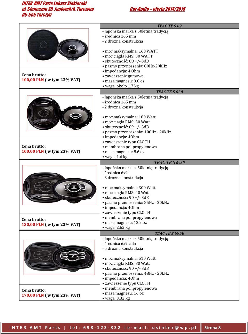 7 kg TEAC TE S 620 - Japońska marka z 50letnią tradycją - średnica 165 mm - 2 drożna konstrukcja moc maksymalna: 180 Watt moc ciągła RMS: 30 Watt skuteczność: 89 +/- 3dB pasmo przenoszenia: 100Hz -