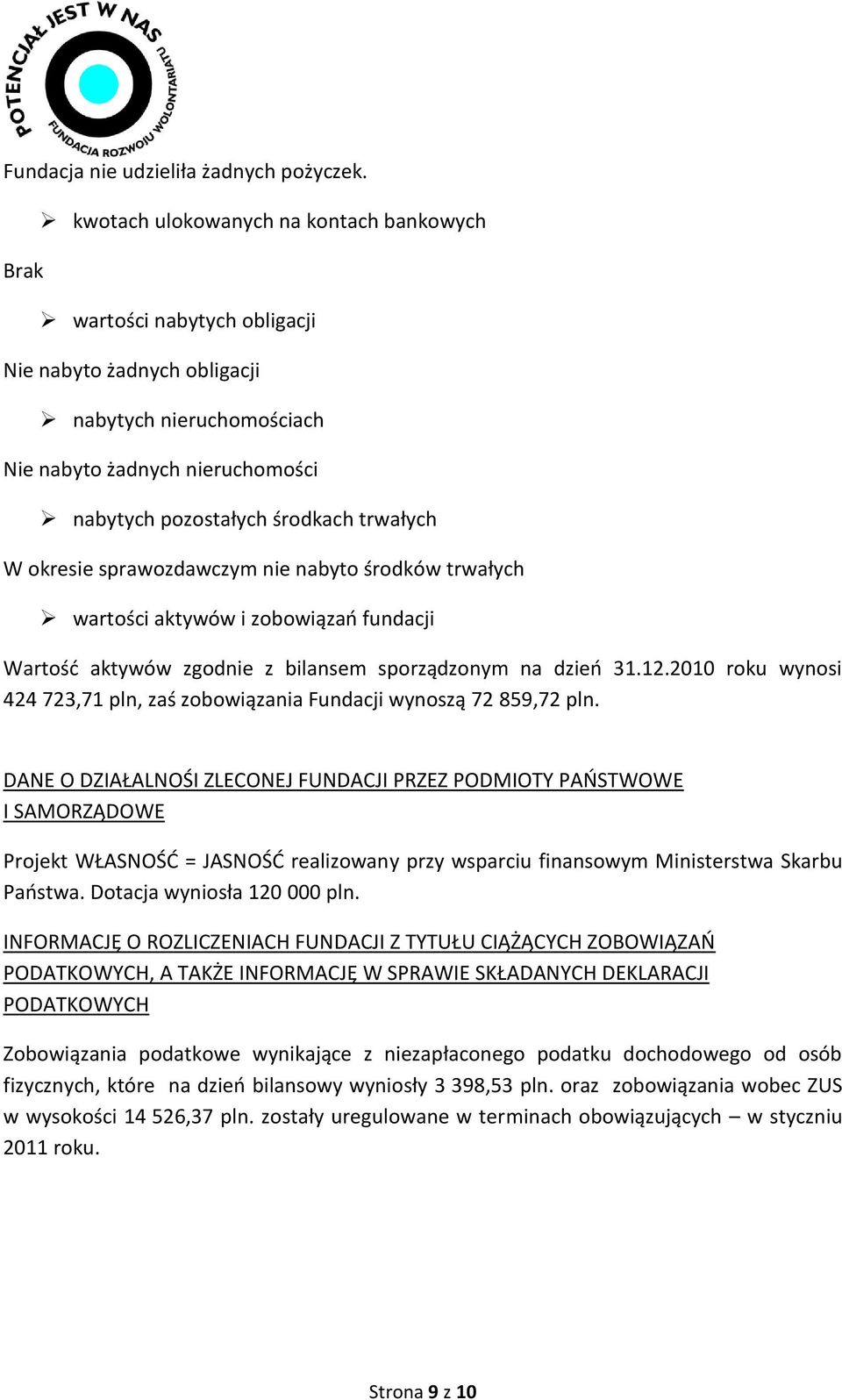trwałych W okresie sprawozdawczym nie nabyto środków trwałych wartości aktywów i zobowiązao fundacji Wartośd aktywów zgodnie z bilansem sporządzonym na dzieo 31.12.