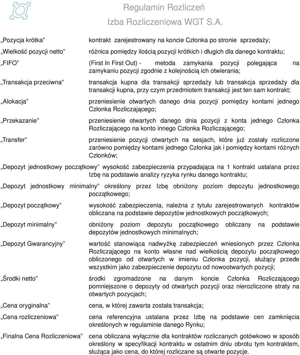 transakcji sprzedaży lub transakcja sprzedaży dla transakcji kupna, przy czym przedmiotem transakcji jest ten sam kontrakt; przeniesienie otwartych danego dnia pozycji pomiędzy kontami jednego