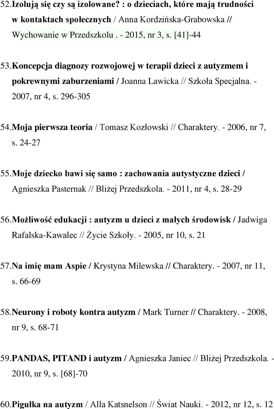 Moja pierwsza teoria / Tomasz Kozłowski // Charaktery. - 2006, nr 7, s. 24-27 55. Moje dziecko bawi się samo : zachowania autystyczne dzieci / Agnieszka Pasternak // Bliżej Przedszkola.