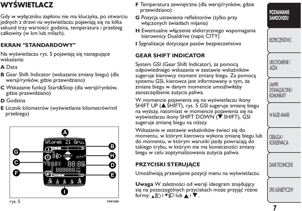 5 pojawiają się następujące wskazania: A Data B Gear Shift Indicator (wskazanie zmiany biegu) (dla wersji/rynków, gdzie przewidziano) C Wskazanie funkcji Start&Stop (dla wersji/rynków, gdzie