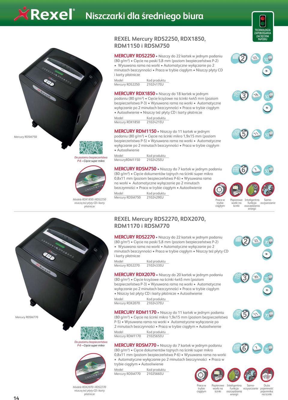 Samooczyszczanie REXEL Mercury RDS0, RDX00, RDM110 i RDSM0 MERCURY RDS0 i karty płatnicze 0 L MERCURY RDX00 0 0 L MERCURY RDM110 11 0 L Do poziomu bezpieczeństwa P- Cięcie super mikro MERCURY