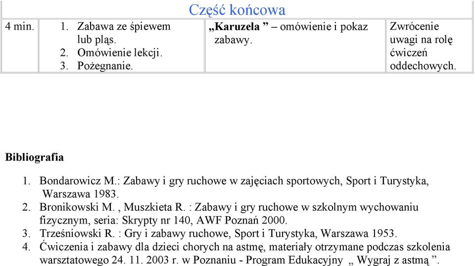 : Zabawy i gry ruchowe w szkolnym wychowaniu fizycznym, seria: Skrypty nr 140, AWF Poznań 2000. 3. Trześniowski R.