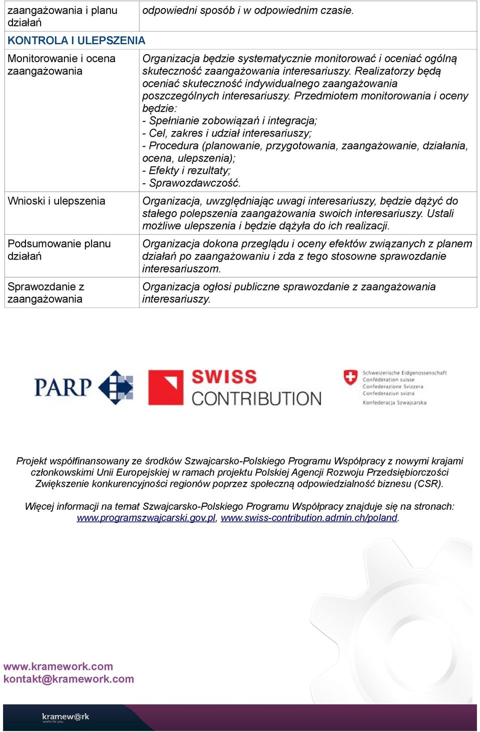 Realizatorzy będą oceniać skuteczność indywidualnego zaangażowania poszczególnych interesariuszy.