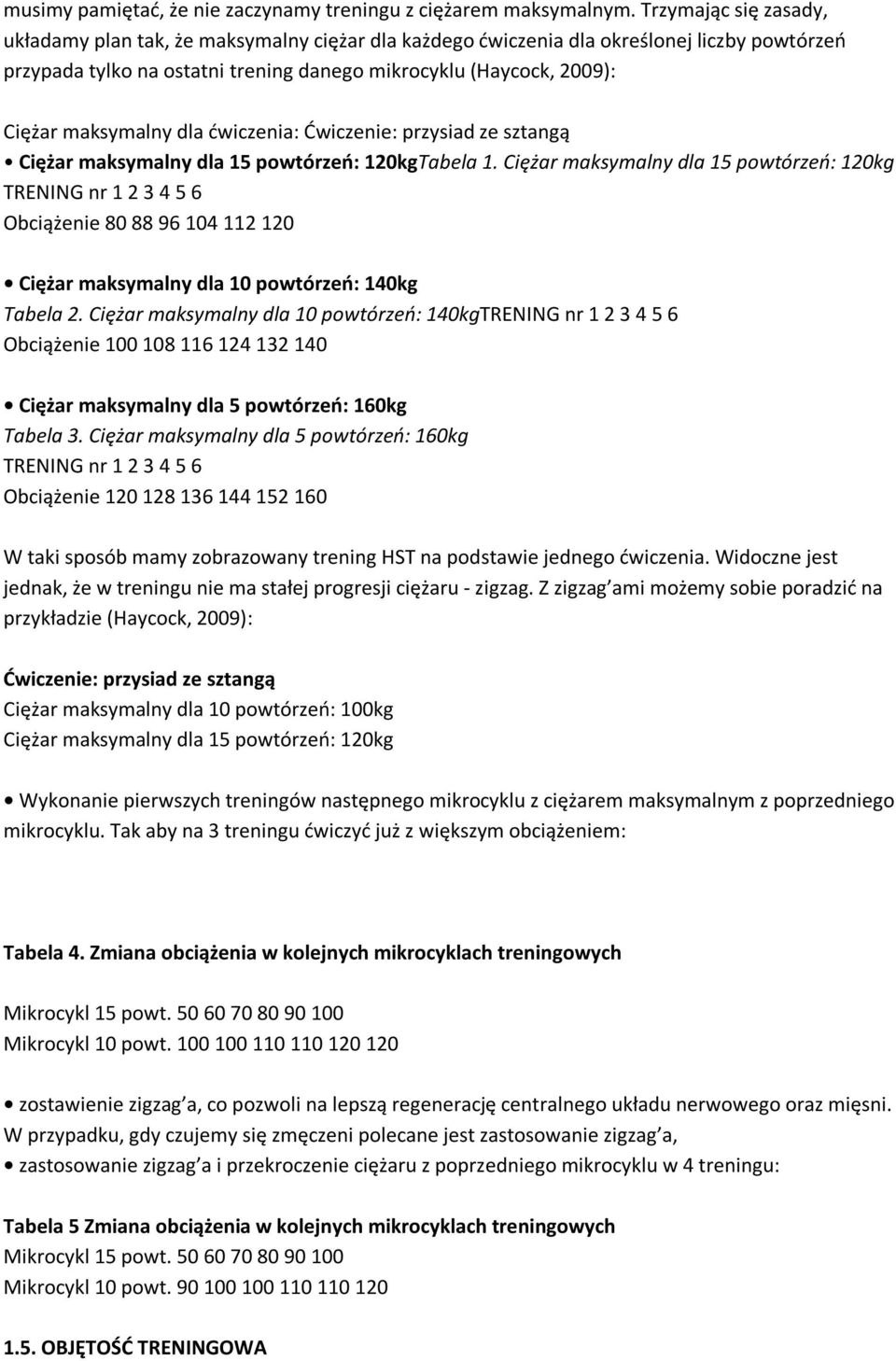 maksymalny dla ćwiczenia: Ćwiczenie: przysiad ze sztangą Ciężar maksymalny dla 15 powtórzeń: 120kgTabela 1.