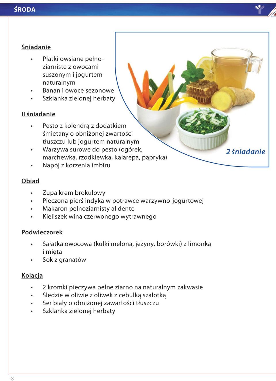 Pieczona pierś indyka w potrawce warzywno-jogurtowej Makaron pełnoziarnisty al dente Kieliszek wina czerwonego wytrawnego Podwieczorek Sałatka owocowa (kulki melona, jeżyny,