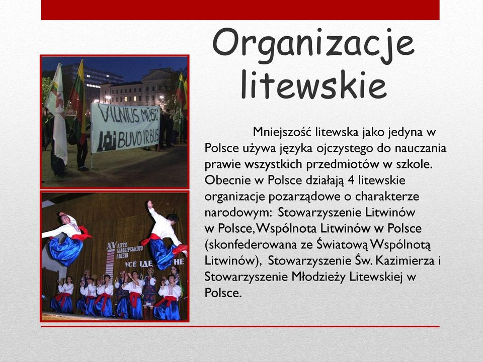 Obecnie w Polsce działają 4 litewskie organizacje pozarządowe o charakterze narodowym: Stowarzyszenie