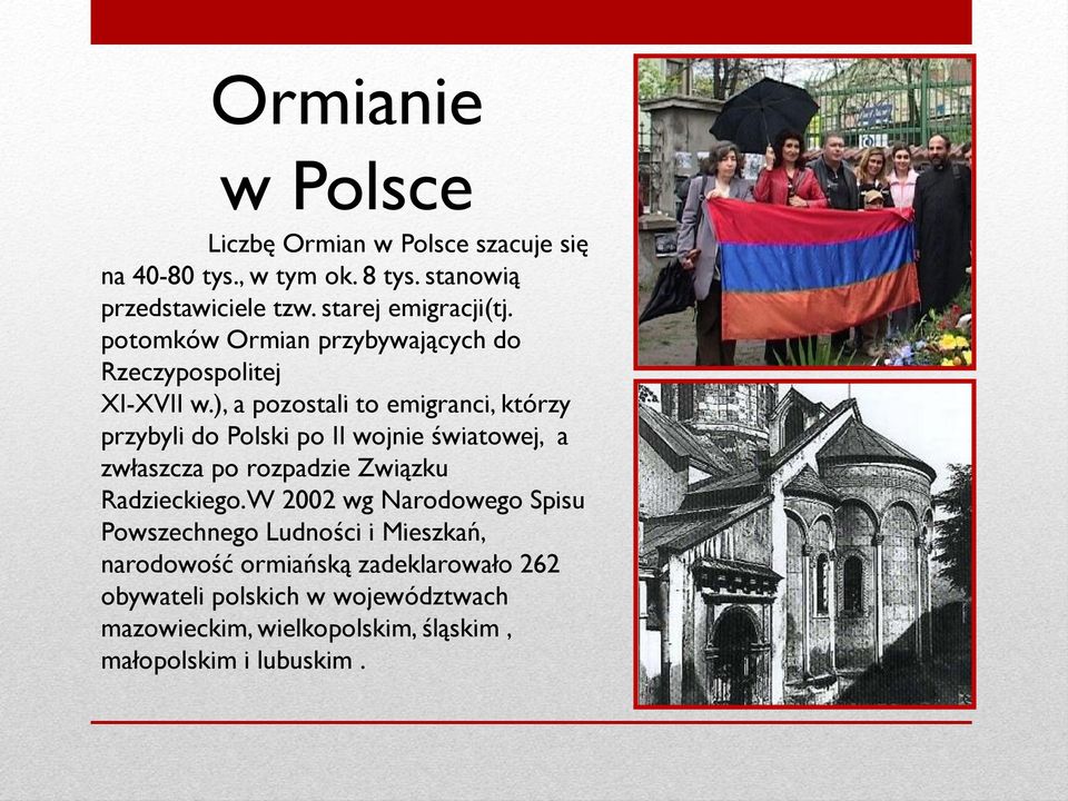 ), a pozostali to emigranci, którzy przybyli do Polski po II wojnie światowej, a zwłaszcza po rozpadzie Związku Radzieckiego.