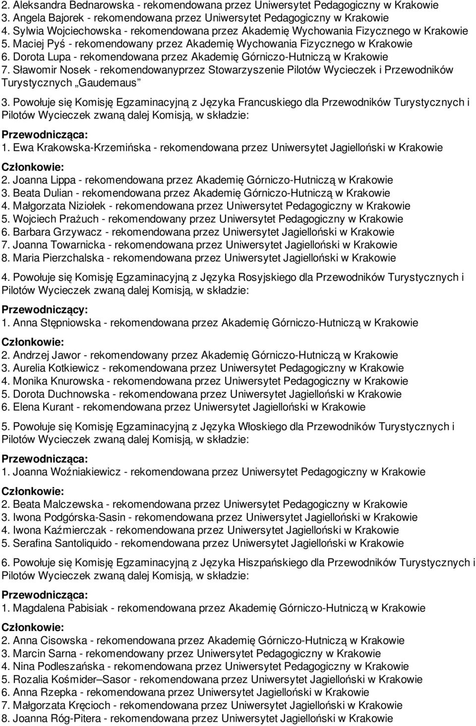 Dorota Lupa - rekomendowana przez Akademię Górniczo-Hutniczą w Krakowie 7. Sławomir Nosek - rekomendowanyprzez Stowarzyszenie Pilotów Wycieczek i Przewodników Turystycznych Gaudemaus 3.