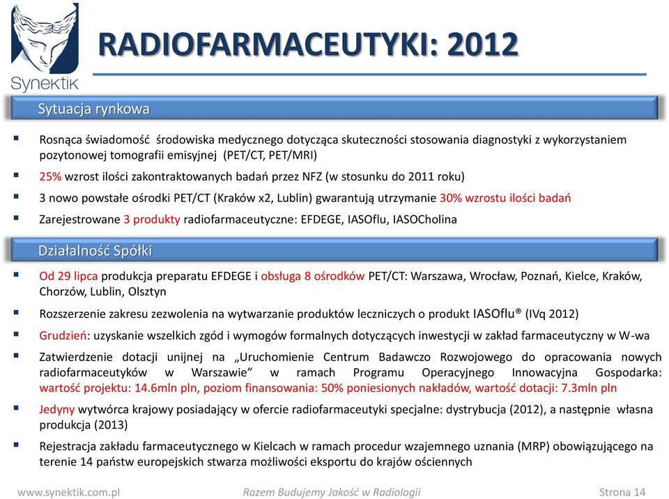 radiofarmaceutyczne: EFDEGE, IASOflu, IASOCholina Działalność Spółki Od 29 lipca produkcja preparatu EFDEGE i obsługa 8 ośrodków PET/CT: Warszawa, Wrocław, Poznań, Kielce, Kraków, Chorzów, Lublin,