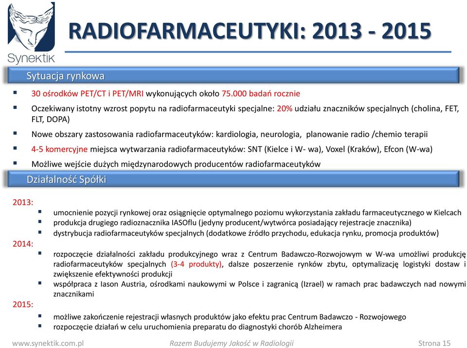 kardiologia, neurologia, planowanie radio /chemio terapii 4-5 komercyjne miejsca wytwarzania radiofarmaceutyków: SNT (Kielce i W- wa), Voxel (Kraków), Efcon (W-wa) Możliwe wejście dużych