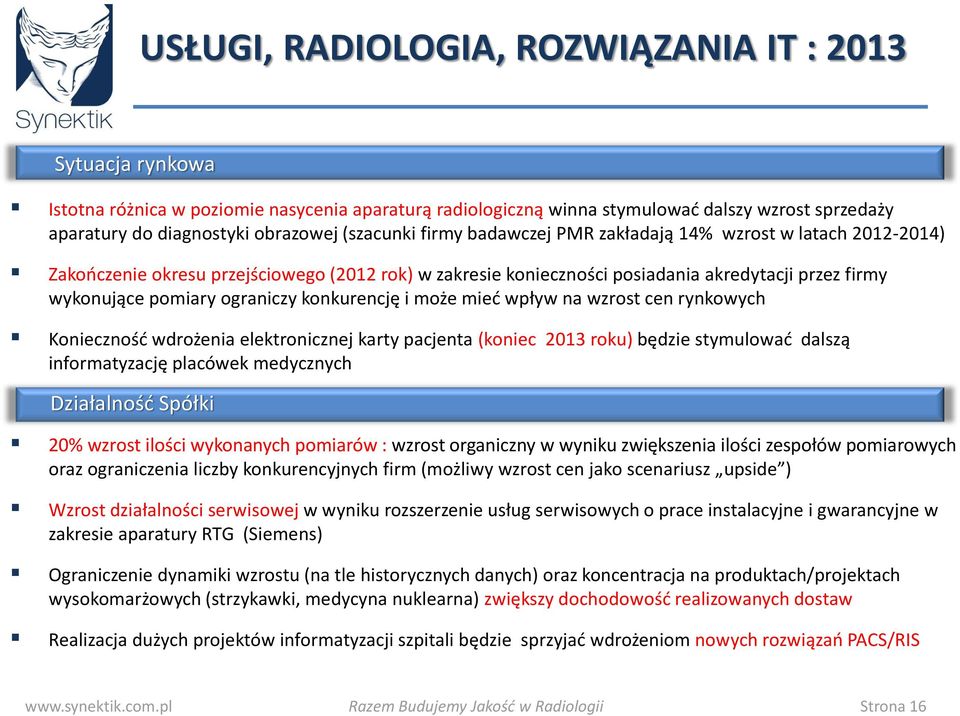 ograniczy konkurencję i może mieć wpływ na wzrost cen rynkowych Konieczność wdrożenia elektronicznej karty pacjenta (koniec 2013 roku) będzie stymulować dalszą informatyzację placówek medycznych