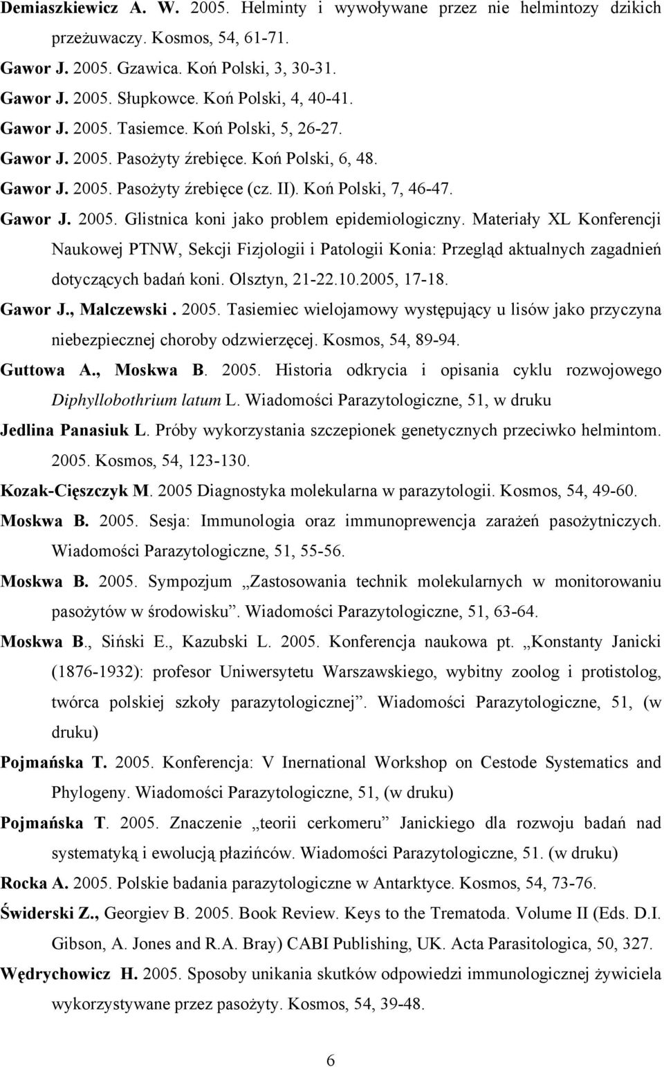 Materiały XL Konferencji Naukowej PTNW, Sekcji Fizjologii i Patologii Konia: Przegląd aktualnych zagadnień dotyczących badań koni. Olsztyn, 21-22.10.2005, 17-18. Gawor J., Malczewski. 2005.