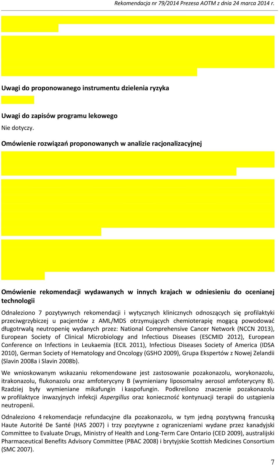 wytycznych klinicznych odnoszących się profilaktyki przeciwgrzybiczej u pacjentów z AML/MDS otrzymujących chemioterapię mogącą powodować długotrwałą neutropenię wydanych przez: National Comprehensive