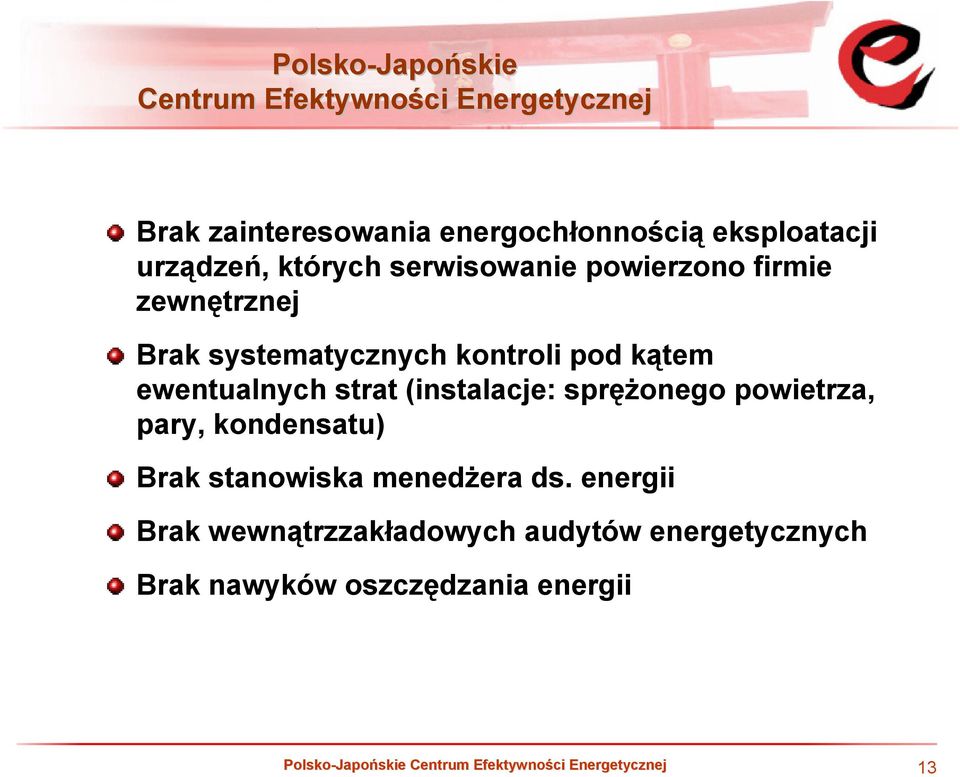 strat (instalacje: sprężonego powietrza, pary, kondensatu) Brak stanowiska menedżera