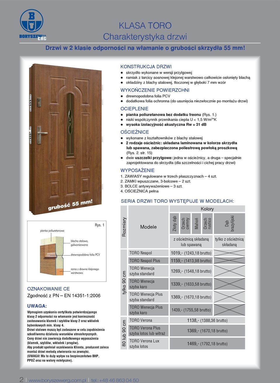 POWIERZCHNI drewnopodobna folia PCV dodatkowa folia ochronna (do usuniêcia niezw³ocznie po monta u drzwi) OCIEPLENIE pianka poliuretanowa bez dodatku freonu (Rys. 1.