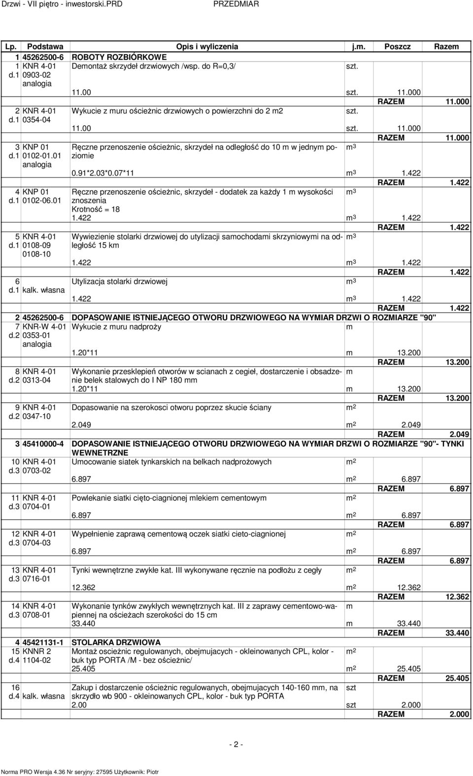 Ręczne przenoszenie ościeżnic, skrzydeł na odległość do 10 m w jednym poziomie m 3 0.91*2.03*0.07*11 m 3 1.