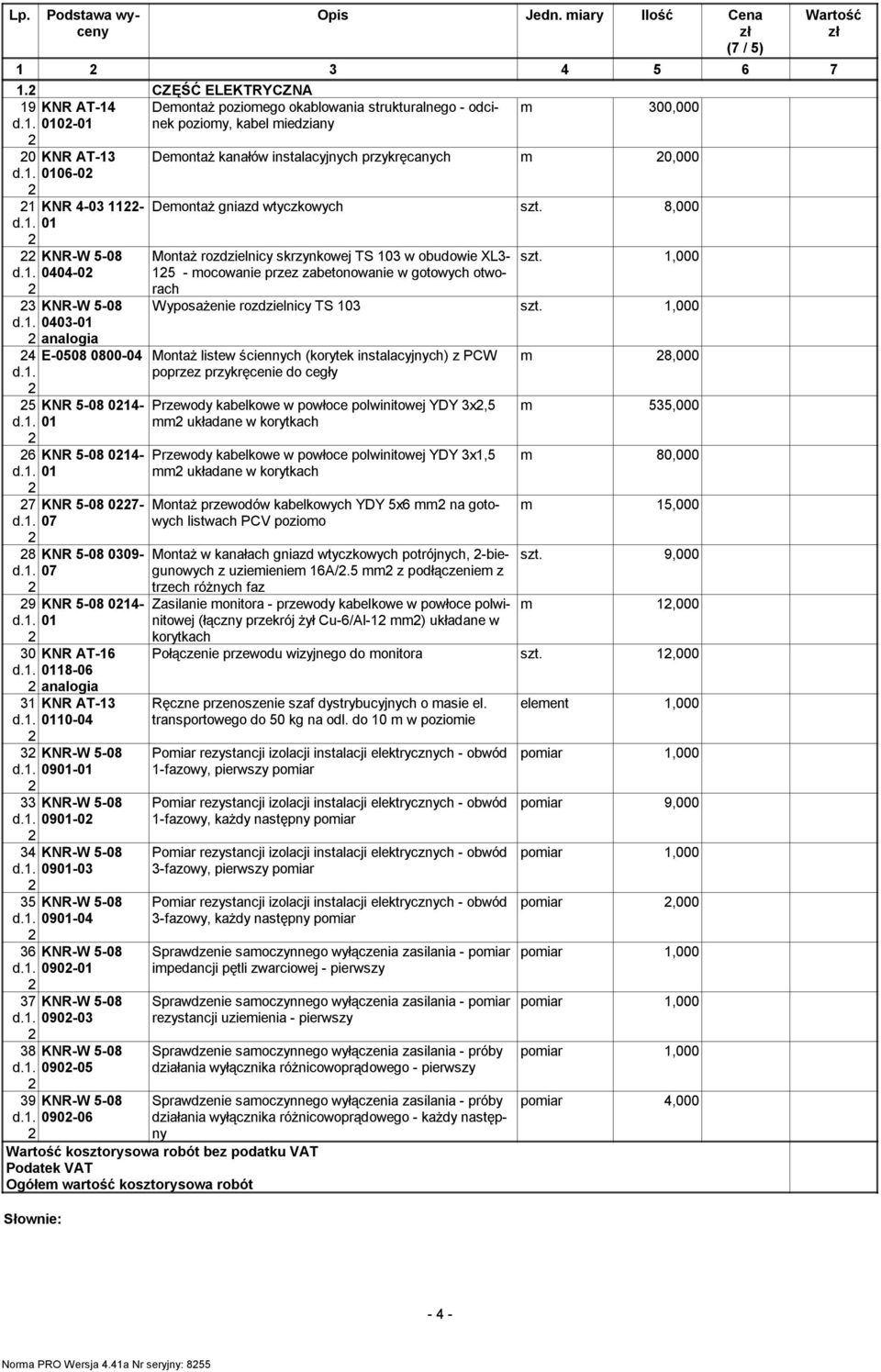 0404-0 0403-0 Demontaż kanałów instalacyjnych przykręcanych m 0,000 Demontaż gniazd wtyczkowych szt.