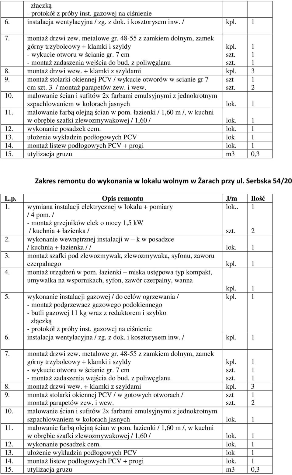 . malowanie farbą olejną ścian w pom. łazienki /,60 m /, w kuchni w obrębie szafki zlewozmywakowej /,60 / lok.. wykonanie posadzek cem. lok. 3. ułożenie wykładzin podłogowych PCV lok 4.