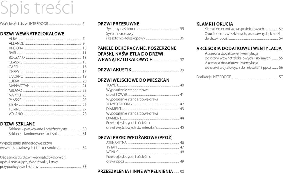 .. 31 Wyposażenie standardowe drzwi wewnątrzlokalowych i ich konstrukcja... 32 Ościeżnice do drzwi wewnątrzlokalowych, opaski maskujące, ćwierćwałki, listwy przypodłogowe i korony.